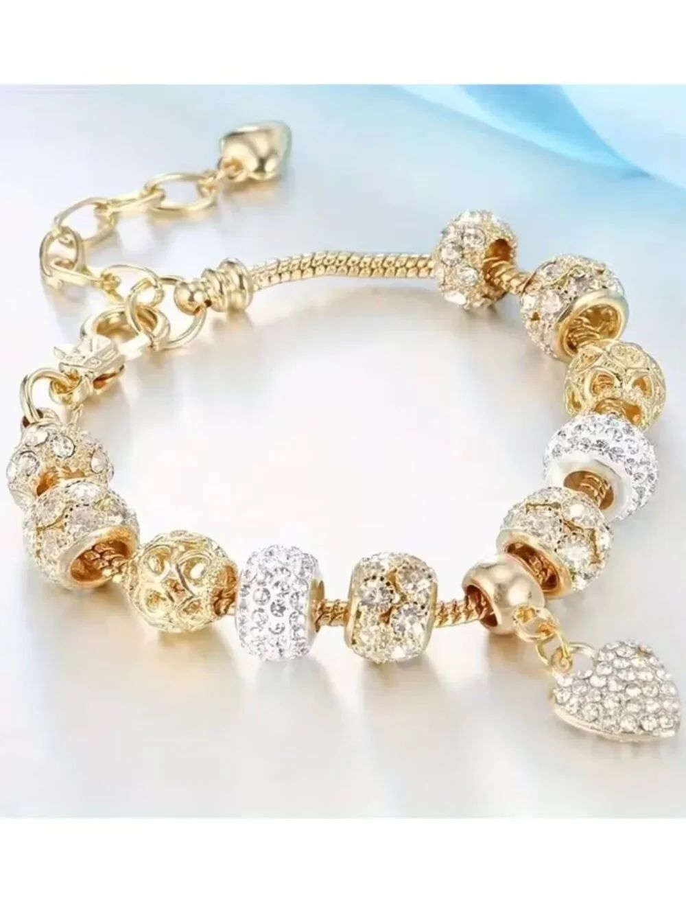 NWT Gold Tone Crystal European Charm Bracelet Heart